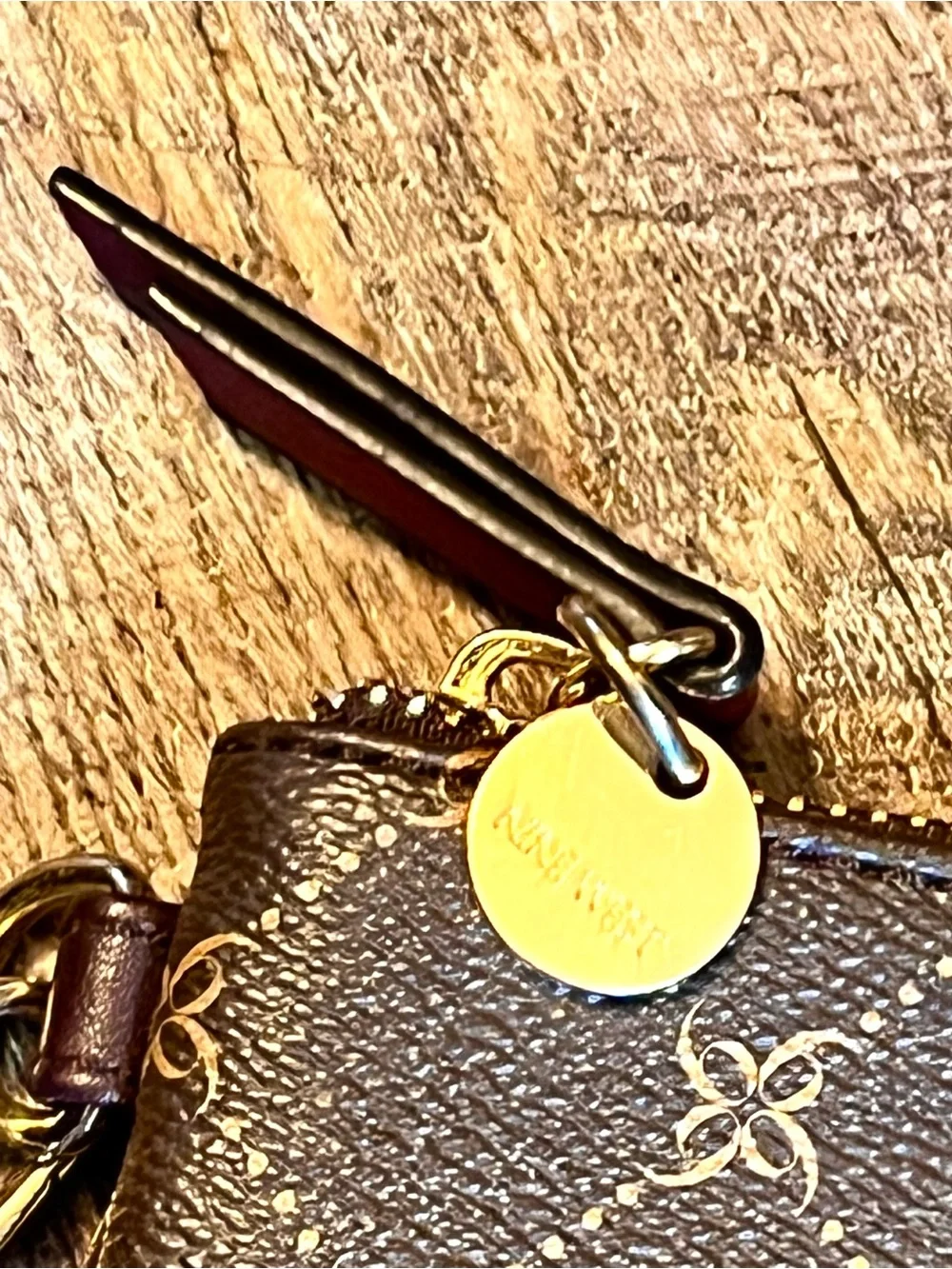 Nine West Brown Monogram Wristlet Zip Clutch Wallet Purse Gold Tone